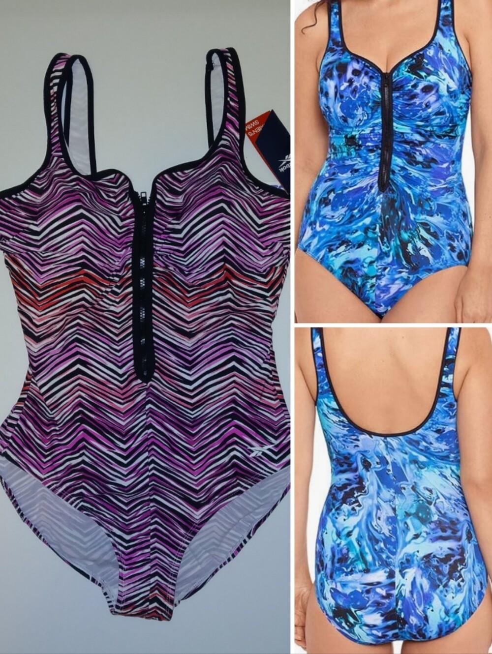 Sale! UPF50  Reebok Zebra Wave Zip Front Shaping Swimsuit, Pink & Black